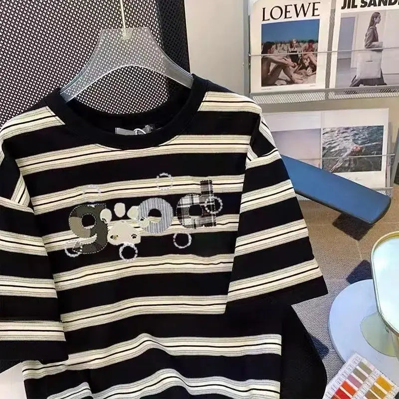 American high street hip-hop men and women trendy personality striped round neck short sleeved couple loose casual T-shirt top