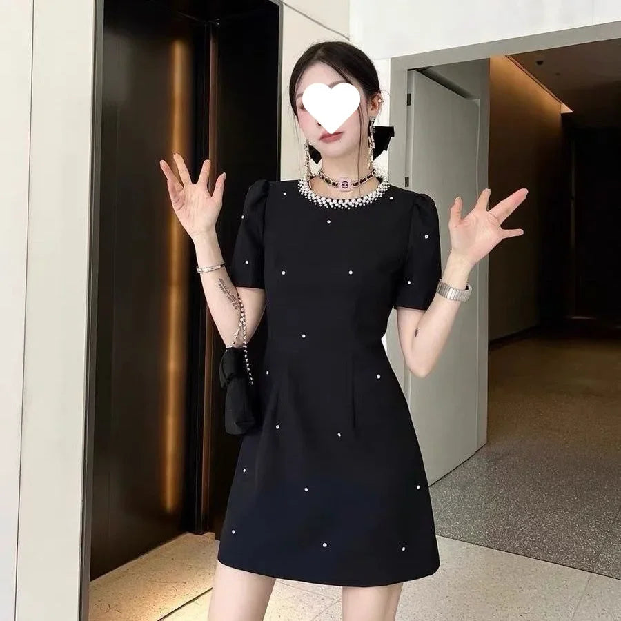 Sweet Elegant round Neck Waist-Cinched Mini Skirt Dress Hepburn Style Beaded New Summer Collection Fashionable Chinese Brand