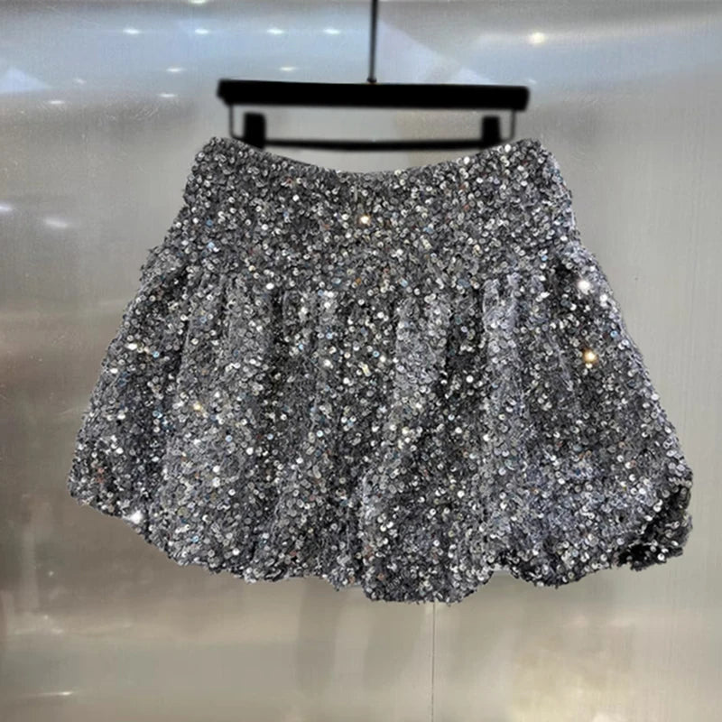 DEAT Fashion Women's Heavy Industry Sequins Skirts For Women Trendy Zipper Wrap Hip Ball Gown Skirt Female Spring New 11A02566