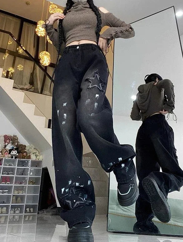 With Pockets Black Trousers Star Straight Leg Pants for Women High Waist Shot Womens Jeans Trend 2024 Pant Loosefit Grunge Y2k Z