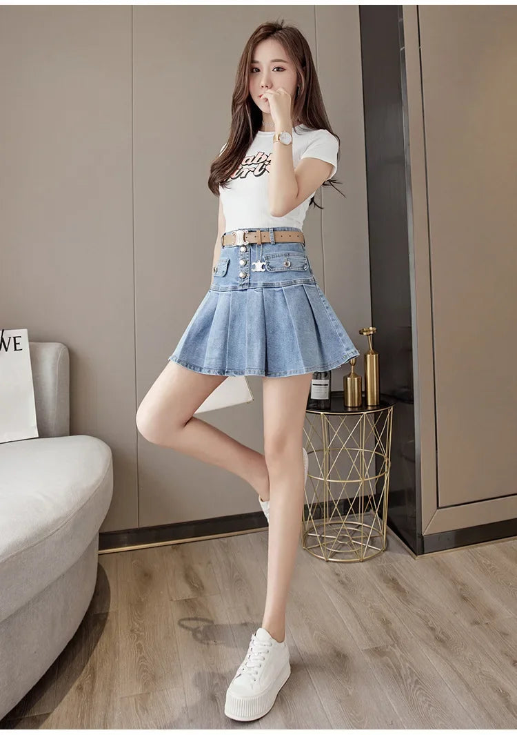 High-Waisted Denim Skirt Women's Slimming Mini Dress 2024 Spring Summer European Style Half Skirt Age-Reducing Fashionable Pleat
