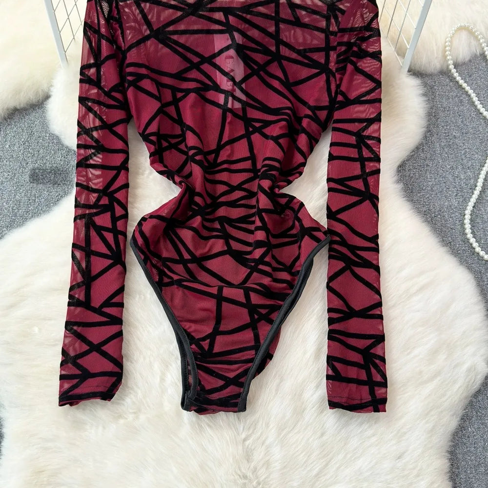 Foamlina Sexy Hollow Out Mesh Bodysuits for Women Fashion Striped Print Stand Collar Long Sleeve Slim Fit Club Party Jumpsuits