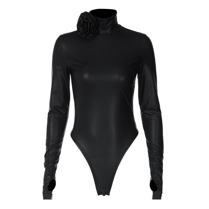 Hugcitar Fashion Pu Leather Black Turtleneck Tie Flower Long Sleeve Buttons Sexy Bodycon Bodysuit Women Party Overalls Romper