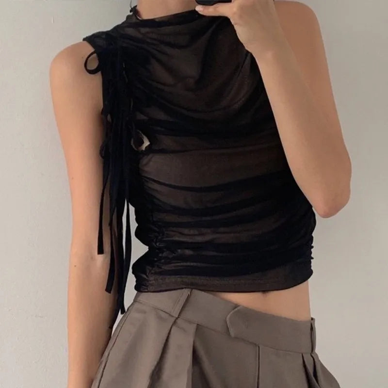 Tonngirls Vintage Tank Tops Women Sleevelss See Through Mesh Tops Streetwear Y2k Retro Crop Tops 2000s Korean Style Summer Tops
