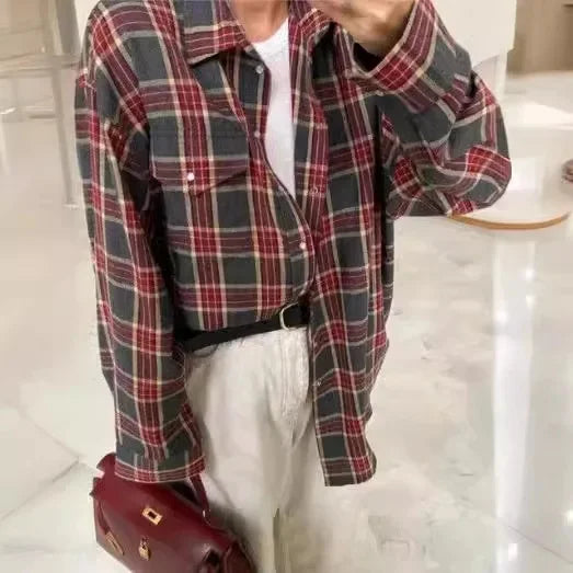 Retro Style Women's Loose Shirt Spring Autumn Plaid Fashion Versatile Casual Button up Cotton Polyester Blend Chinese Origin