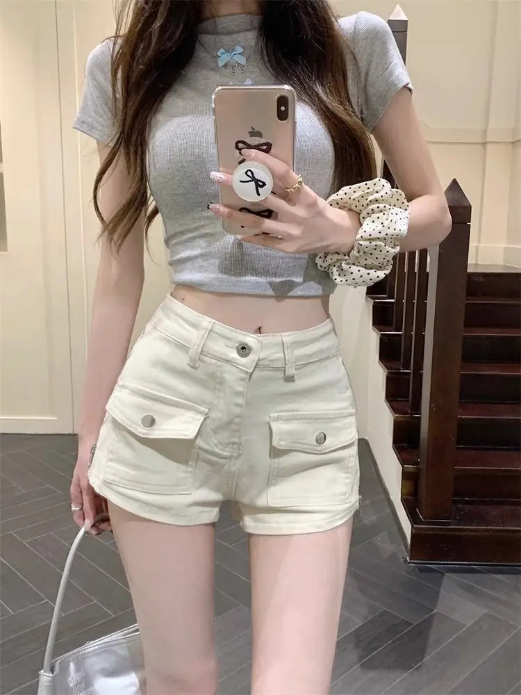 Sexy Hottie Slim Denim Shorts Women Summer Simplicity Office Lady Solid Color Cargo Fashion High Waist Appear Thin Wide Leg