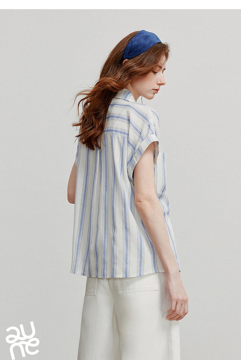 TOYOUTH Women Blouse Shirt 2025 Summer New Blue and White Striped Sleeveless Turn Down Collar Casual Shirt Tops 8522042