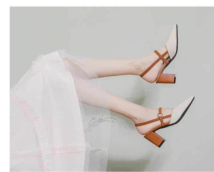 Shoes for Pumps Summer Elegant Chunky High Heels Pointed Toe Baotou Solid Ladies Shoes  Female Sandals Zapatillas Mujer 2024