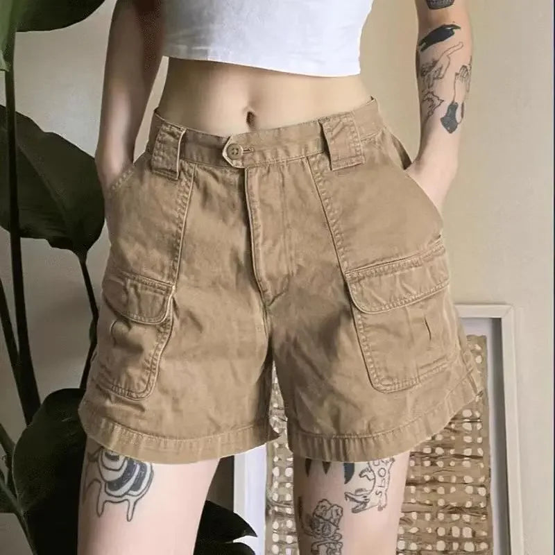 Y2k Vintage Streetwear Cargo Denim Shorts Women American Retro Harajuku Solid Loose Jeans Casual Pocket 2024 Summer Chic