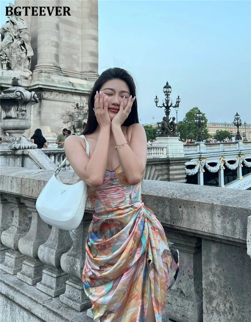 BGTEEVER Summer Fashion Slim Women Spaghetti Strap Midi Printed Dress Elegant Ladies Sleeveless Side Split Bodycon Dress