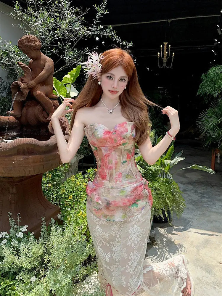 Summer Women Two Piece Set Floral Corset Top and Lace Midi Skirt Elegant Mesh Outfit Slim Fit Vintage French Style Beach Suit