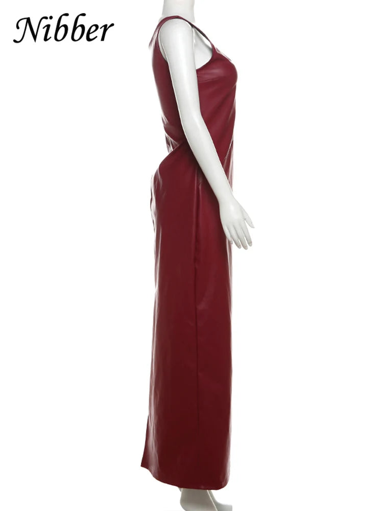 Nibber Vintage Elegant Dress Women Summer Leather Classic Sleeveless Slits Basic Simple Trend Solid Stretch Party Long Bodycon