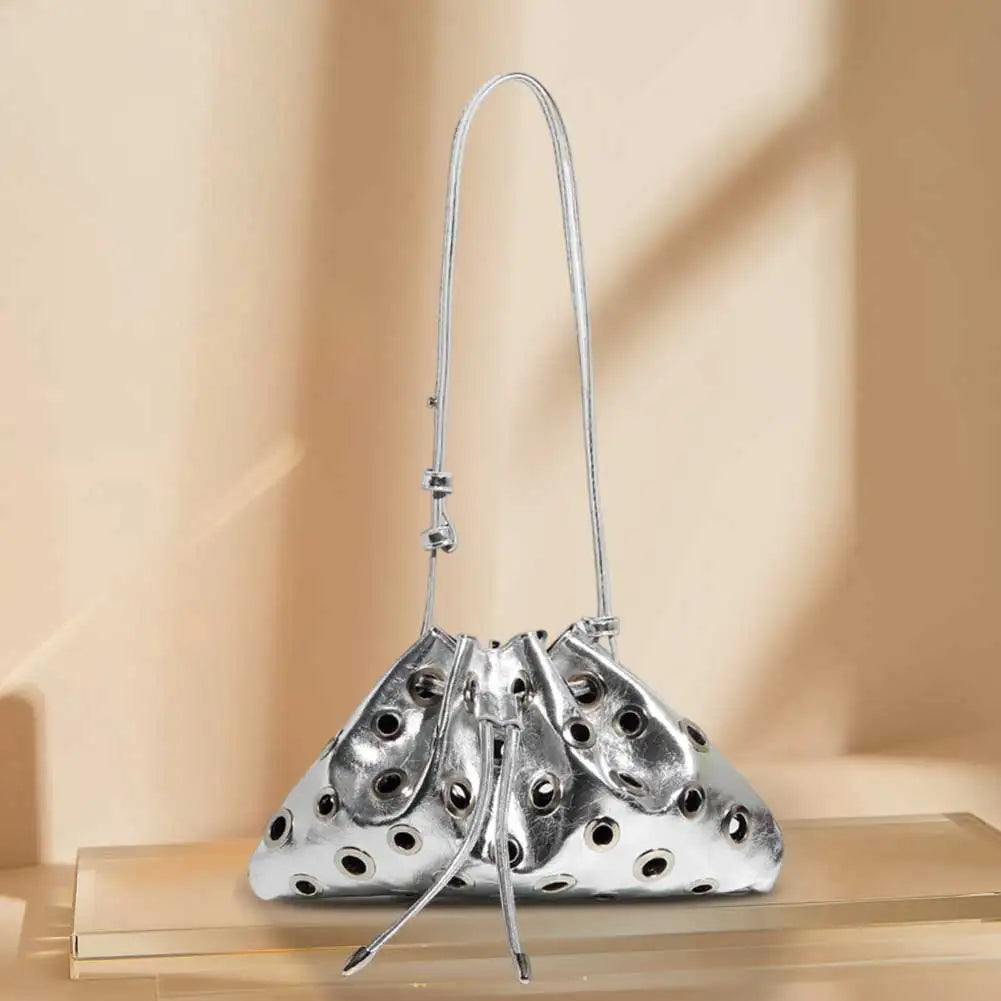 Women Metal Stud Y2k Shoulder Bag Large Capacity Retro Hollow Handbag Drawstring Crossbody Bag Shopping Vacation Handbag