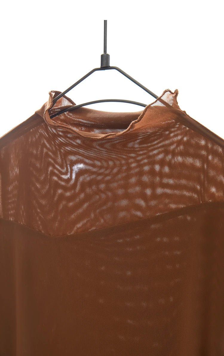 Amii Minimalism Mesh T-shirts For Women 2025 Spring New Office Lady Half-high Neck Micro Perspective Slim Retro Shirt 12423055