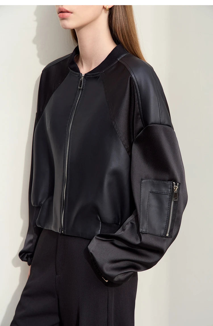 Amii Minimalism PU Leather for Women 2024 Autumn New Casual Handsome Baseball Collar Zipper Short Retro Female Jacket 12423080