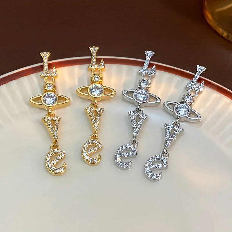 Fashionable Long Tassel Earrings with Love Letter Zirconia Stones Women's Elegant Drop Earrings Chinese Style Saturn Personality
