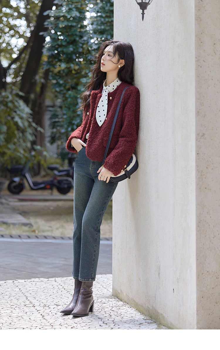 MISHOW Wave Point Long Sleeve Brushed Blouse Rabbit Ear Collar 2024 Winter Women Clothes Temperament Thickened Shirts MXD56X1697