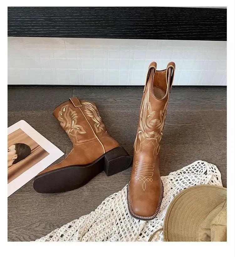Fall Women Mid-calf Boots 2025 Vintage Leather-covered Brown Western Cowboy Boots Embroidered Chunky Heel Thigh-high Knight Boot