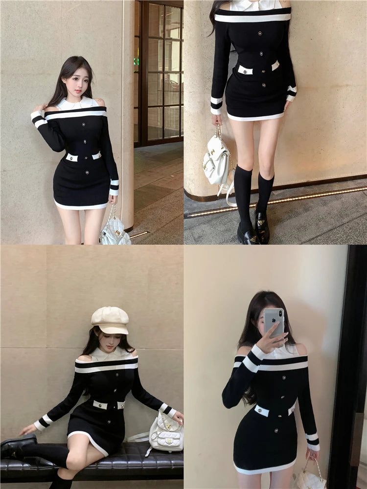 Hot Girl Off Shoulder Long-sleeved Knitted Dress Women's Autumn Fake Two-piece Shirts Spliced Sexy Wrapped Hip Short Dress