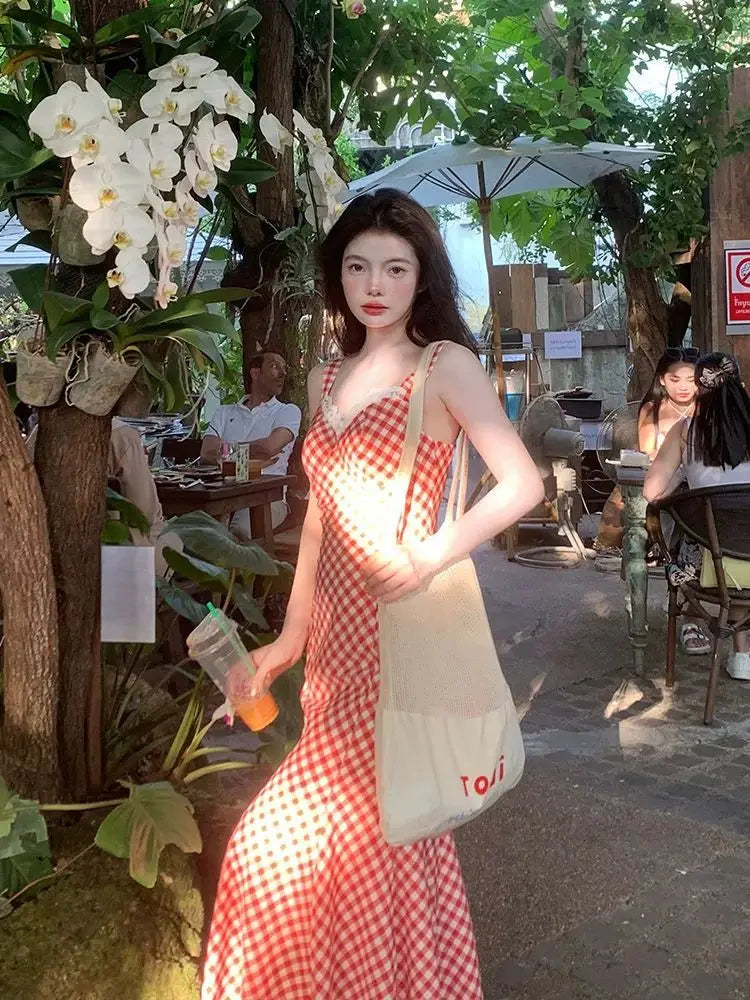Women Summer Red Plaid Maxi Dress Spaghetti Strap Lace Trim Ruffle Hem Slim Fit Long Dress Elegant Vacation Beach Outfit 2025