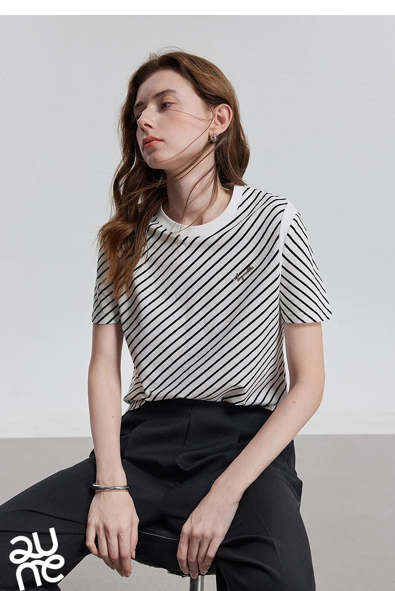 TOYOUTH Women Short Sleeve Striped T shirt 2025 Spring New Tops 8521021