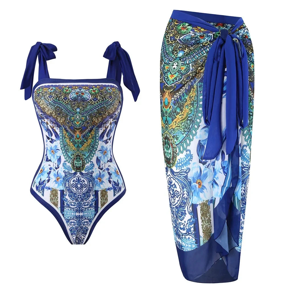 Retro One-Piece Swimsuit Set for Women with Chiffon Skirt Conservative Sexy Swimwear New 2025 Cross-Border AE Stock