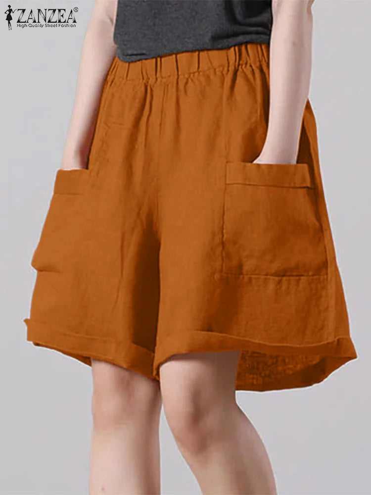 ZANZEA Vintage Summer Shorts Women Fashion High Elastic Waist Pantalons Pockets Solid Color Wide Leg Pants Casual Loose Shorts