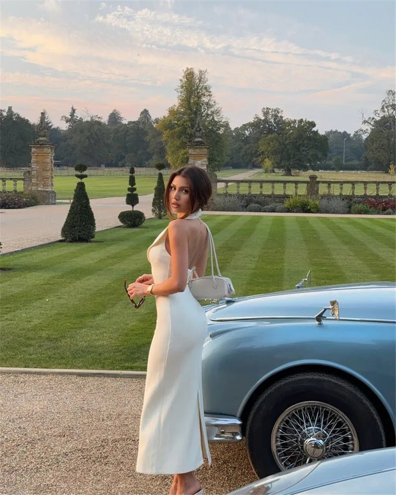 Mozision Halter Deep V Neck Sleeveless Sexy Maxi Dress For Women Elegant Backless Bodycon Tank Dress Femme Fashion Long Dress