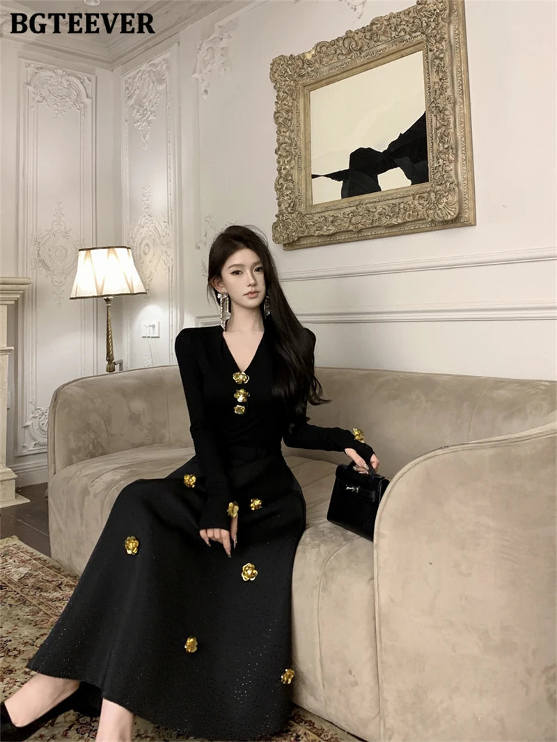 BGTEEVER Spring Elegant Ladies 2 Pieces Skirt Set Long Sleeve V-neck Pullovers & High Waist Loose A-line Skirts Women Outfits