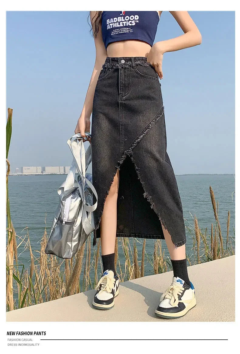 Fashionable Denim Skirt For Women High-waisted A- line Hip Covering Long Dress Casual Style Perfect For Summer 2024