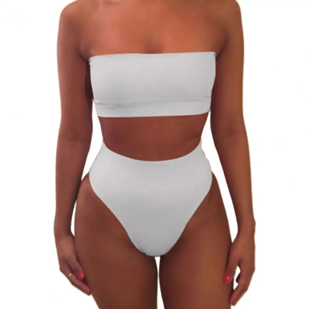 2 Pcs/Set Bikini Set Solid Color Elastic High Waist Strapless Female Bathing Suit Beachwear Summer Lady Swimsuit for Swimming