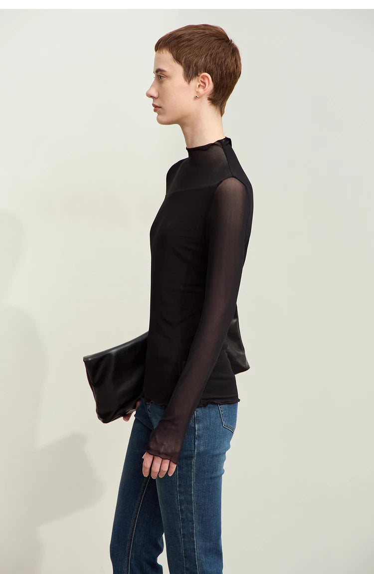 Amii Minimalism Mesh T-shirts For Women 2025 Spring New Office Lady Half-high Neck Micro Perspective Slim Retro Shirt 12423055