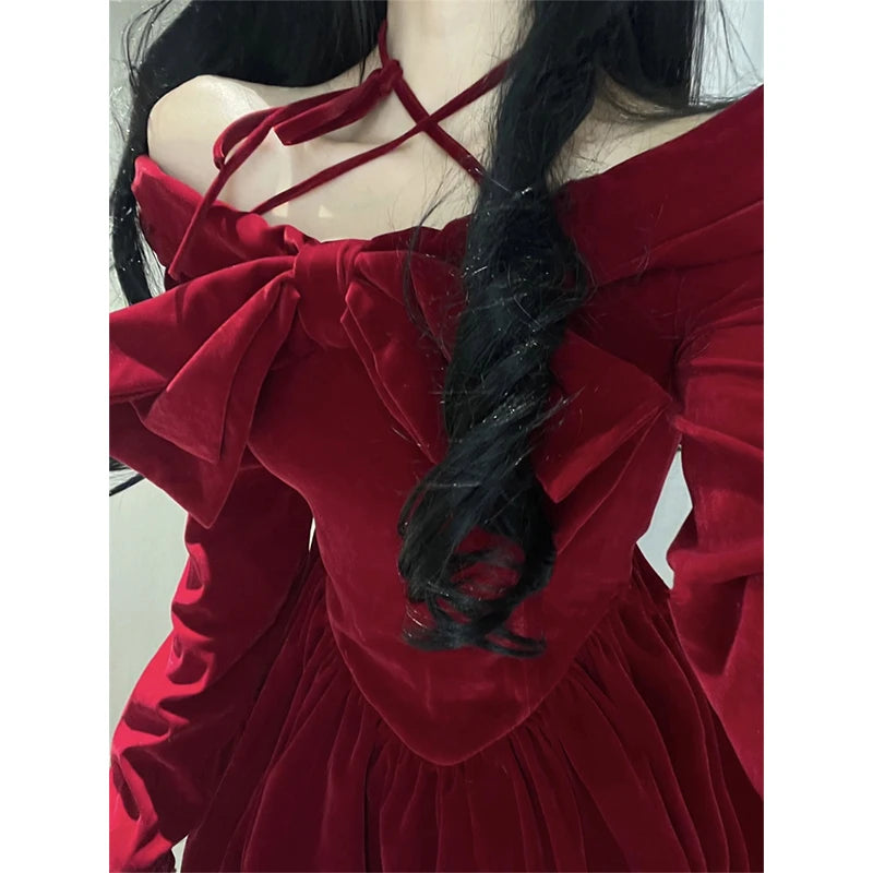 MEXZT Vintage Bow Mini Dress Women Y2K Sexy Slash Neck Red Velvet Dresses Winter Kawaii Christmas Party Bodycon A Line Vestidos