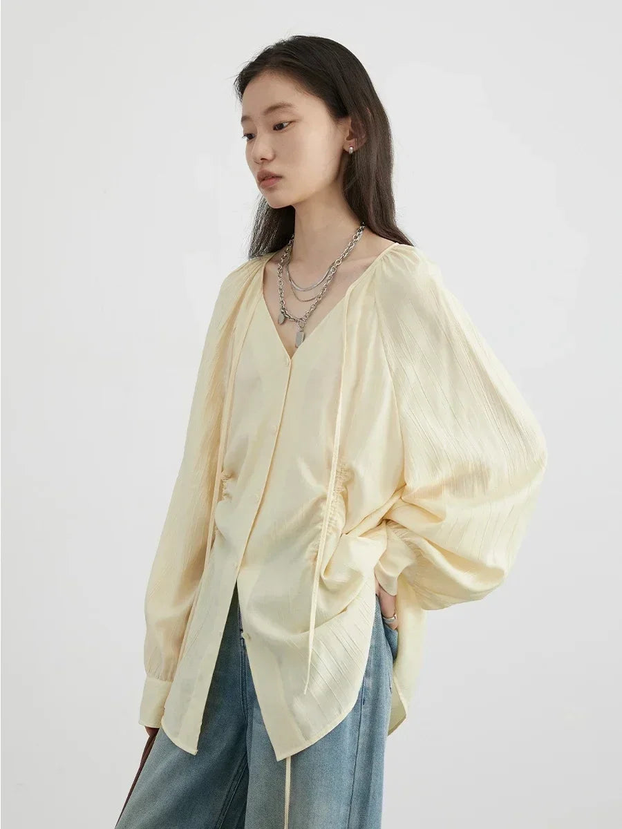 CHIC VEN Women Loose Lace Up Shirt Solid New Korean V-neck Pleated Raglan Long Sleeved Blouses Female Tops Spring Summer 2025