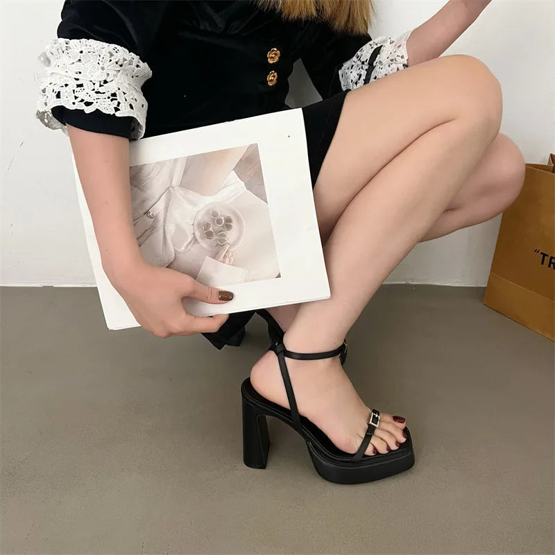 New High-heeled Women's Shoes with Square Toe and Straight Buckle Thick Heel Platform Sandals Shoes for Women