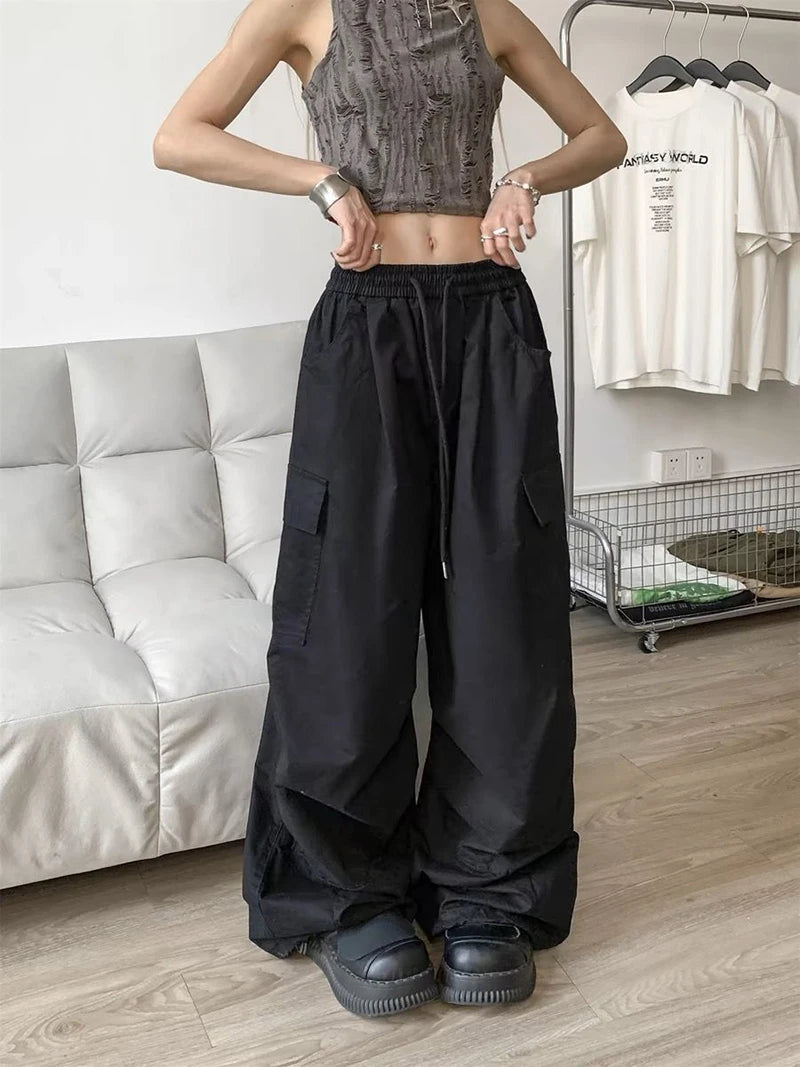 Zoki Loose Vintage Y2K Cargo Pants Women Streetwear American High Waist Trousers Casual Big Pockets Bf Retro Harajuku Pants New