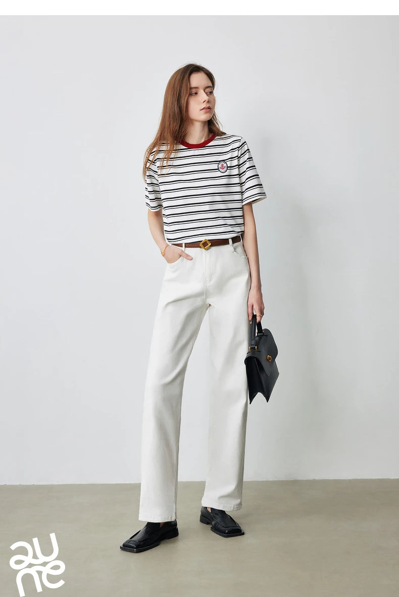 TOYOUTH Women Striped Short Sleeved T-shirt 2024 Summer New Academy Style Round Neck Top