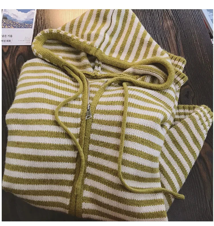 Contrast Color Stripe Hood Knit Cardigan Women Autumn and Winter New Loose Design Sense Long Sleeve Cardigan Sweater Outerwear