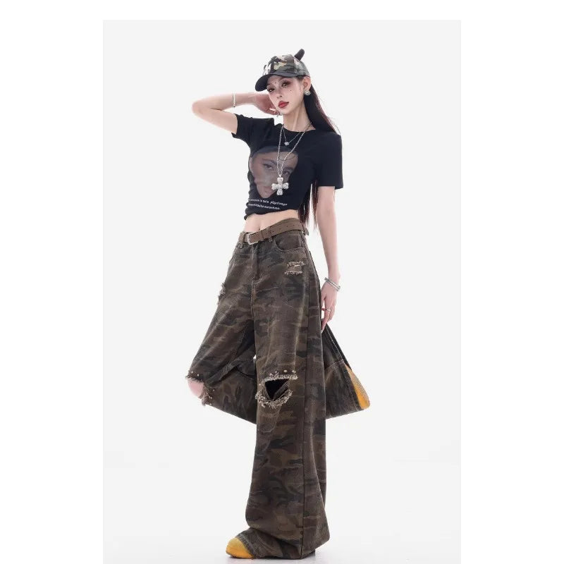 Meigao Street Ripped New Retro Loose Camouflage Ripped Jeans Women's Design Straight-Light Wide Legs