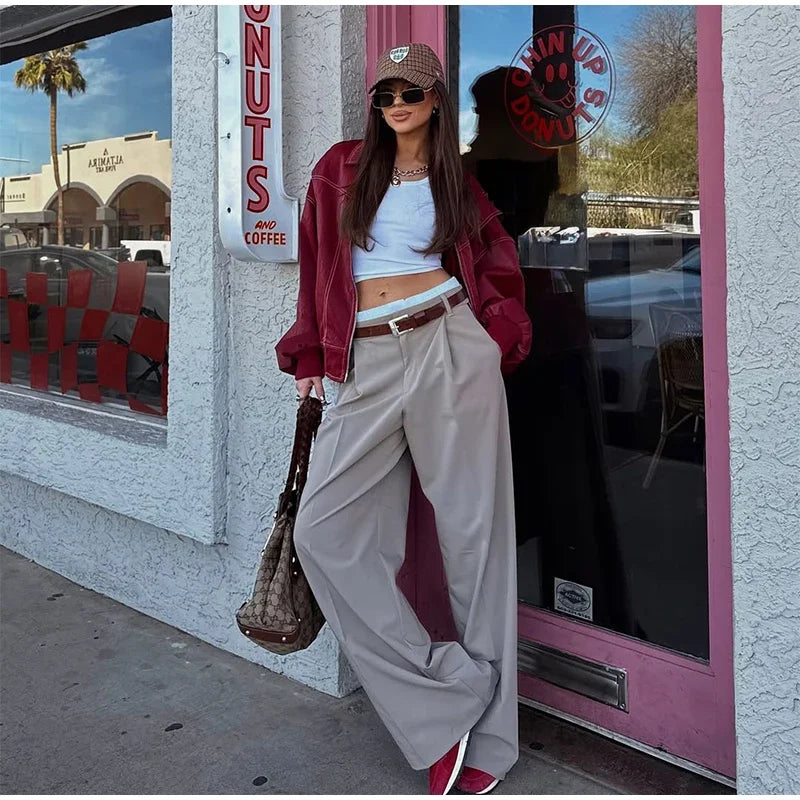 Women's Artificial Leather Short Jacket Retro Red Linen Coat Spliced Zipper Jacket Autumn Women's Lapel Pocket Street Sportswear