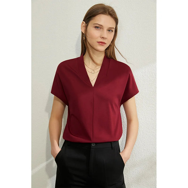AMII Minimalism 2023 Summer Women's T-shirt Classic Style Casual V-neck Short Sleeve Solid Stretch Female Tops & Tees 12312013