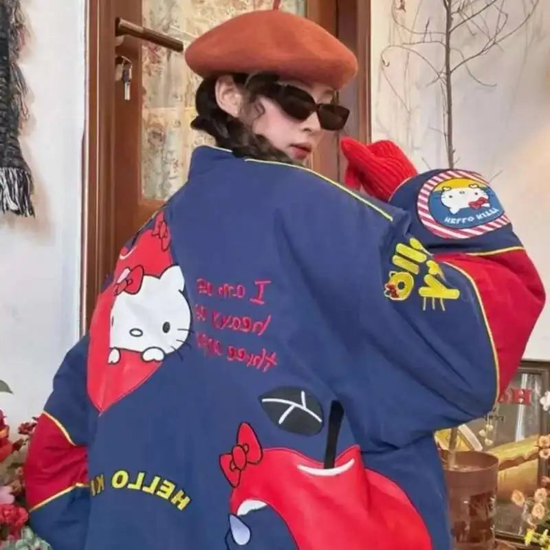 Cartoon Hellokitty Y2k Baseball Jacket Button American Retro Coats Embroidery KT Cat Harajuku Jacket Women Oversized Coat
