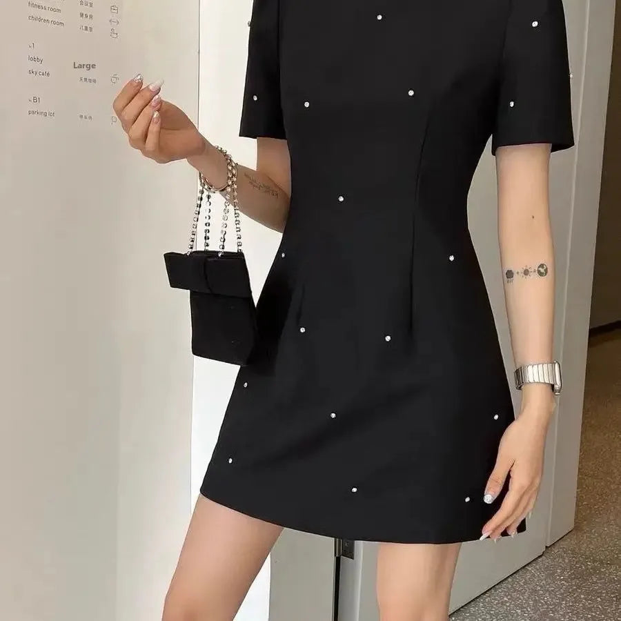 Sweet Elegant round Neck Waist-Cinched Mini Skirt Dress Hepburn Style Beaded New Summer Collection Fashionable Chinese Brand