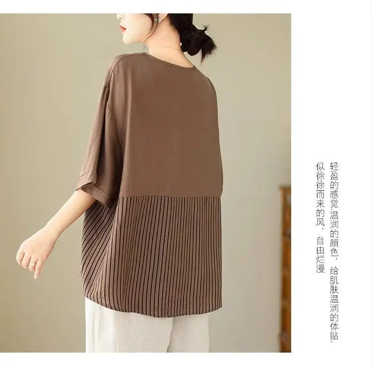 Summer New Plus Size Women's Fashion Striped Patchwork Tops Tees Youth Short Sleeve Loose Vintage T Shirts Casual Trend Clothing