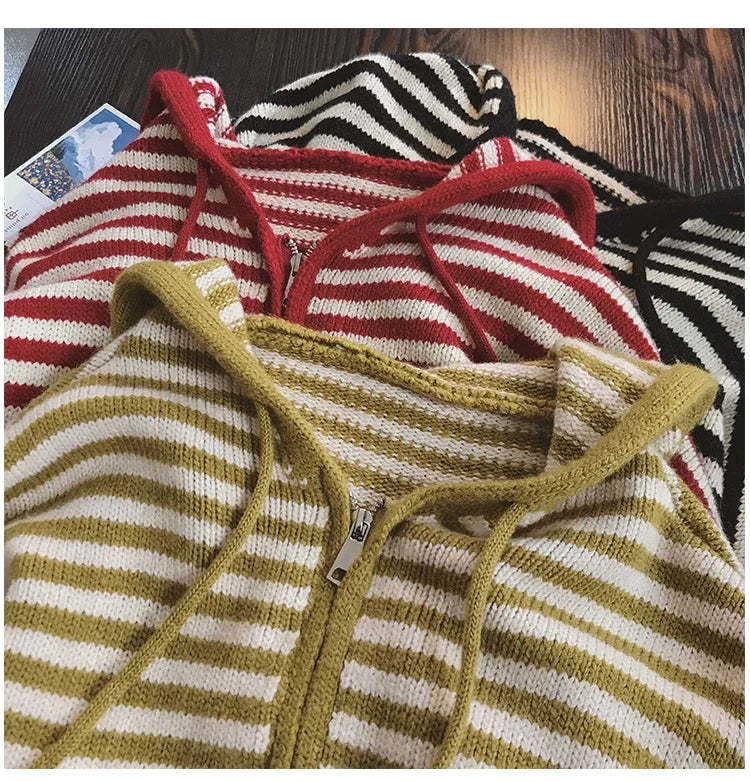 Contrast Color Stripe Hood Knit Cardigan Women Autumn and Winter New Loose Design Sense Long Sleeve Cardigan Sweater Outerwear