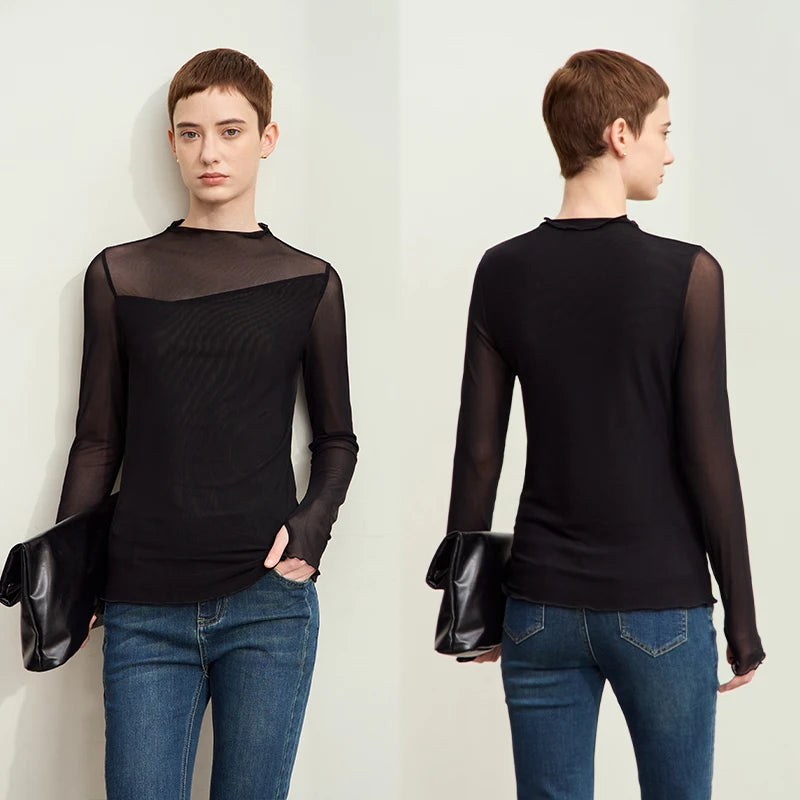 Amii Minimalism Mesh T-shirts For Women 2025 Spring New Office Lady Half-high Neck Micro Perspective Slim Retro Shirt 12423055