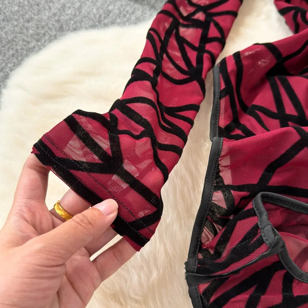 Foamlina Sexy Hollow Out Mesh Bodysuits for Women Fashion Striped Print Stand Collar Long Sleeve Slim Fit Club Party Jumpsuits