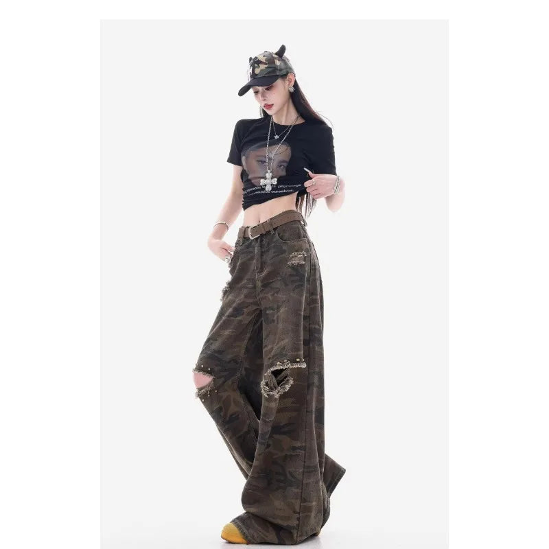 Meigao Street Ripped New Retro Loose Camouflage Ripped Jeans Women's Design Straight-Light Wide Legs