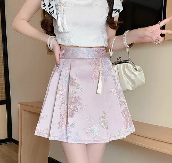 Summer New Chinese Style Satin Jacquard Horse-Face Pleated Mini Skirts Sweet Cute Girl High Waist Short Skirt for Women