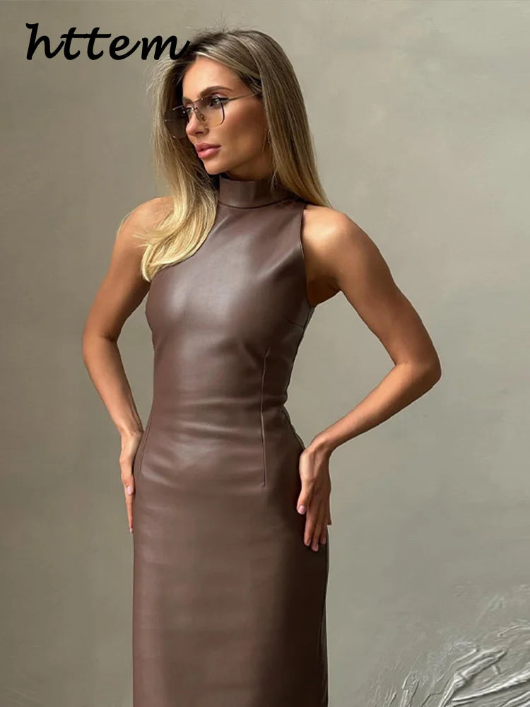 Vintage Midi Leather Dress Women Slim Turtleneck Sleeveless Hip Package Female Dresses 2025 Spring Lady Elegant Party Vestidos